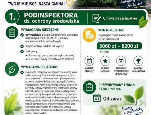 Gmina Jonkowo szuka podinspektora ds. ochrony środowiska. Oferty do 21 września