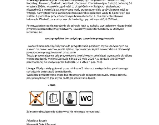 Zanieczyszczenie mikrobiologiczne wody w wodociągu w Świątkach – sanepid wydał komunikat