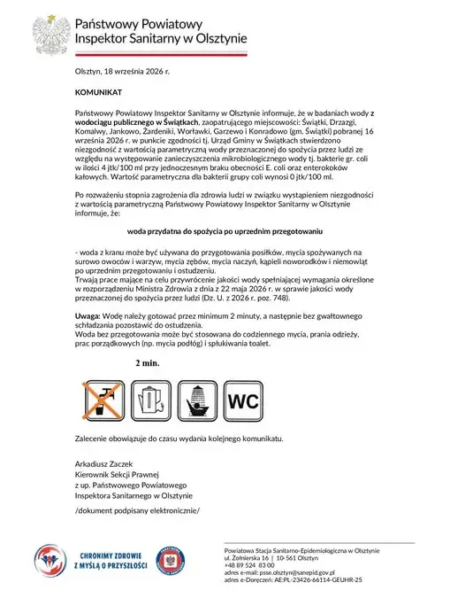 Zanieczyszczenie mikrobiologiczne wody w wodociągu w Świątkach – sanepid wydał komunikat