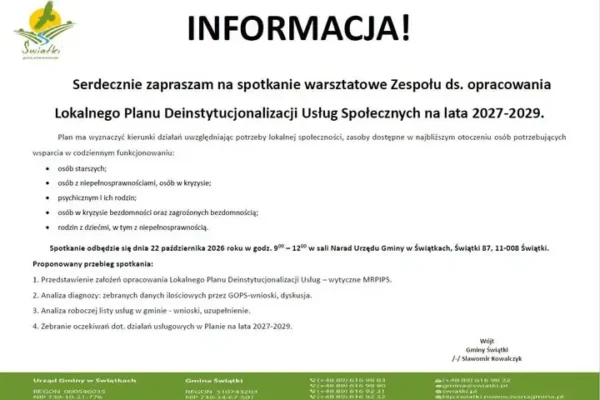 Gmina Świątki zaprasza na warsztaty o deinstytucjonalizacji usług społecznych