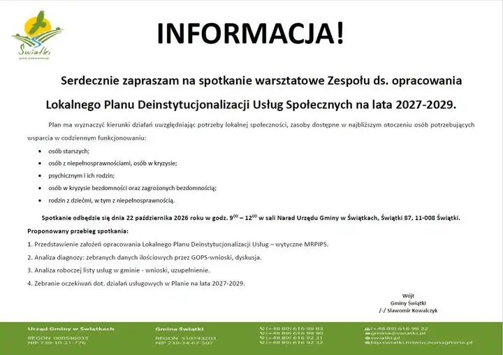 Gmina Świątki zaprasza na warsztaty o deinstytucjonalizacji usług społecznych