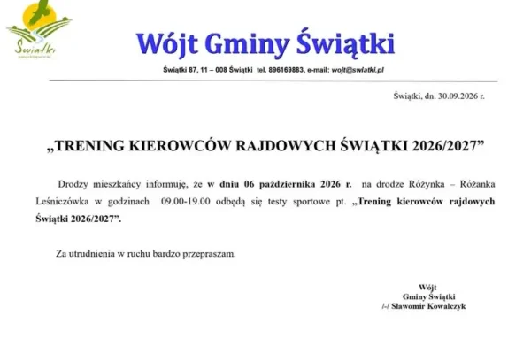 Trening kierowców rajdowych w Gminie Świątki – utrudnienia na drodze Różynka–Różanka Leśniczówka