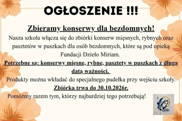 Zbiórka żywności dla bezdomnych w szkole w Dobrym Mieście