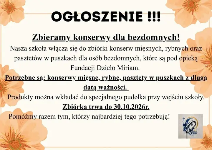 Zbiórka żywności dla bezdomnych w szkole w Dobrym Mieście