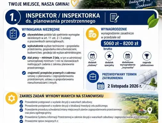 Urząd Gminy Jonkowo szuka inspektora ds. planowania przestrzennego