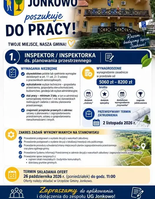 Urząd Gminy Jonkowo szuka inspektora ds. planowania przestrzennego
