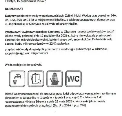 Woda w Kieźlinach, Zalkach, Mykach i Wadągu znów bezpieczna – sanepid potwierdza