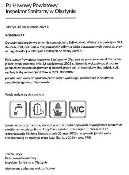 Woda w Kieźlinach, Zalkach, Mykach i Wadągu znów bezpieczna – sanepid potwierdza