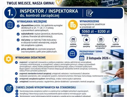 Jonkowo szuka inspektora ds. kontroli zarządczej – oferta pracy w urzędzie gminy