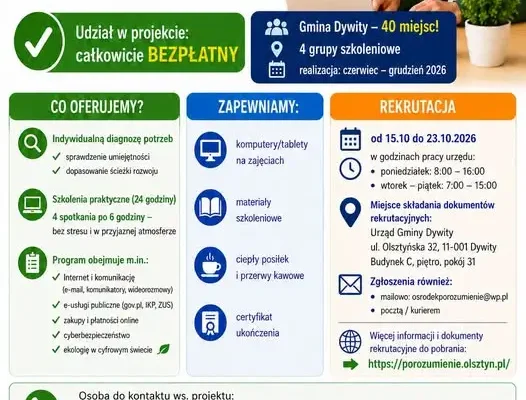 Ruszyła rekrutacja do projektu „Cyfrowe Prawo Jazdy” – bezpłatne szkolenia dla mieszkańców gminy Dywity