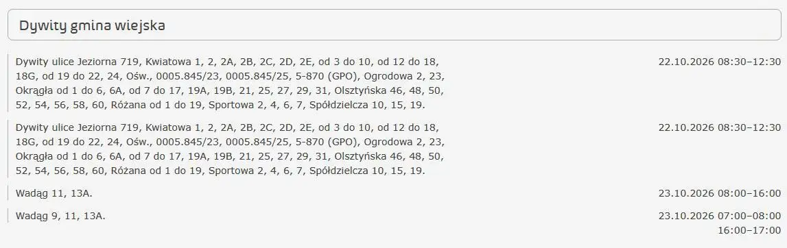 Przerwy w dostawie prądu w gminie Dywity – sprawdź harmonogram na 22 i 23 października