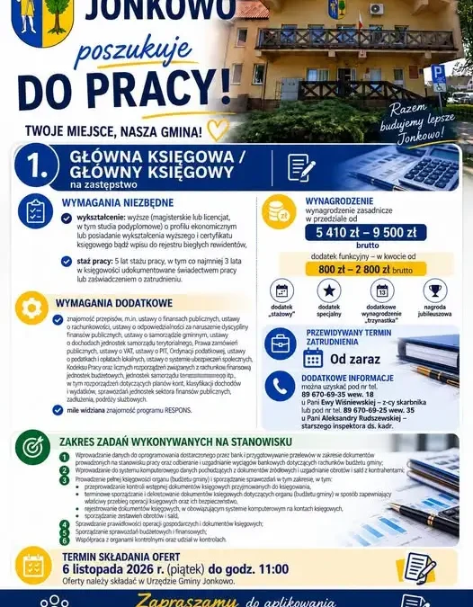 Urząd Gminy Jonkowo szuka głównej księgowej lub głównego księgowego na zastępstwo