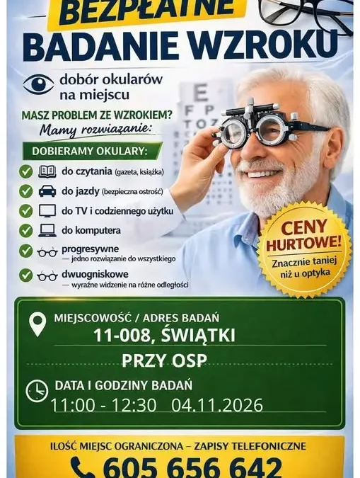 Bezpłatne badanie wzroku w Gminie Świątki – 4 listopada