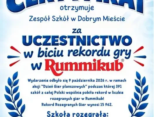 Rekord w Rummikub: Zespół Szkół w Dobrym Mieście z certyfikatem