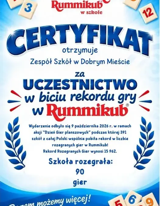 Rekord w Rummikub: Zespół Szkół w Dobrym Mieście z certyfikatem