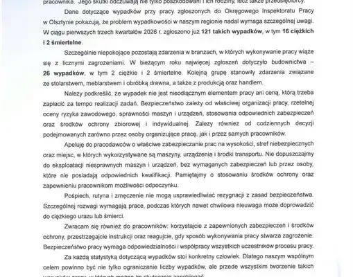 Olsztyn: 121 wypadków przy pracy w 2026 roku – apel inspekcji pracy