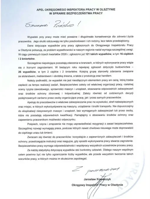 Olsztyn: 121 wypadków przy pracy w 2026 roku – apel inspekcji pracy