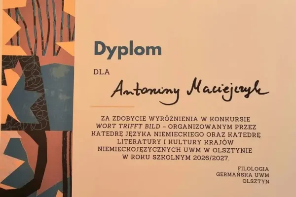 Uczennica z klasy 8a wyróżniona w konkursie „Wort trifft Bild” na UWM w Olsztynie