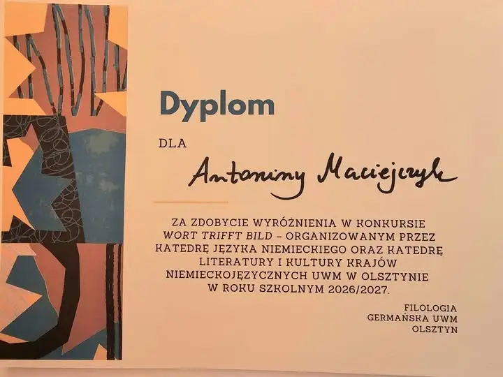 Uczennica z klasy 8a wyróżniona w konkursie „Wort trifft Bild” na UWM w Olsztynie