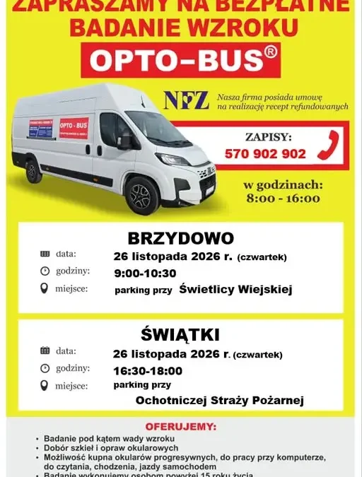 Bezpłatne badanie wzroku w Gminie Świątki – Optobus zawita do Brzydowa i Świątek